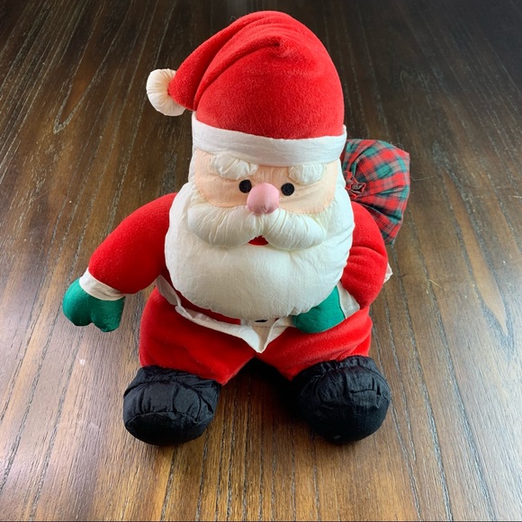 1993 Gibson Greetings Plush 11” Santa Claus Puffy Nylon Christmas Plaid Bag - Picture 1 of 9